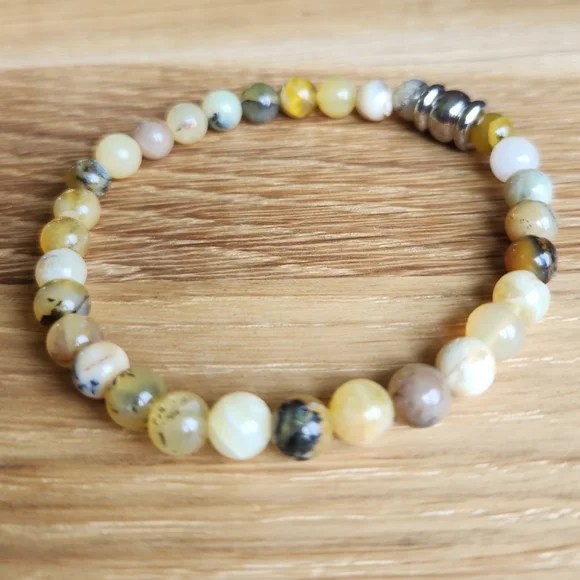 SOLD Yellow Dendritic Opal Gemstone Beads Bracelet - Picture 2 of 9